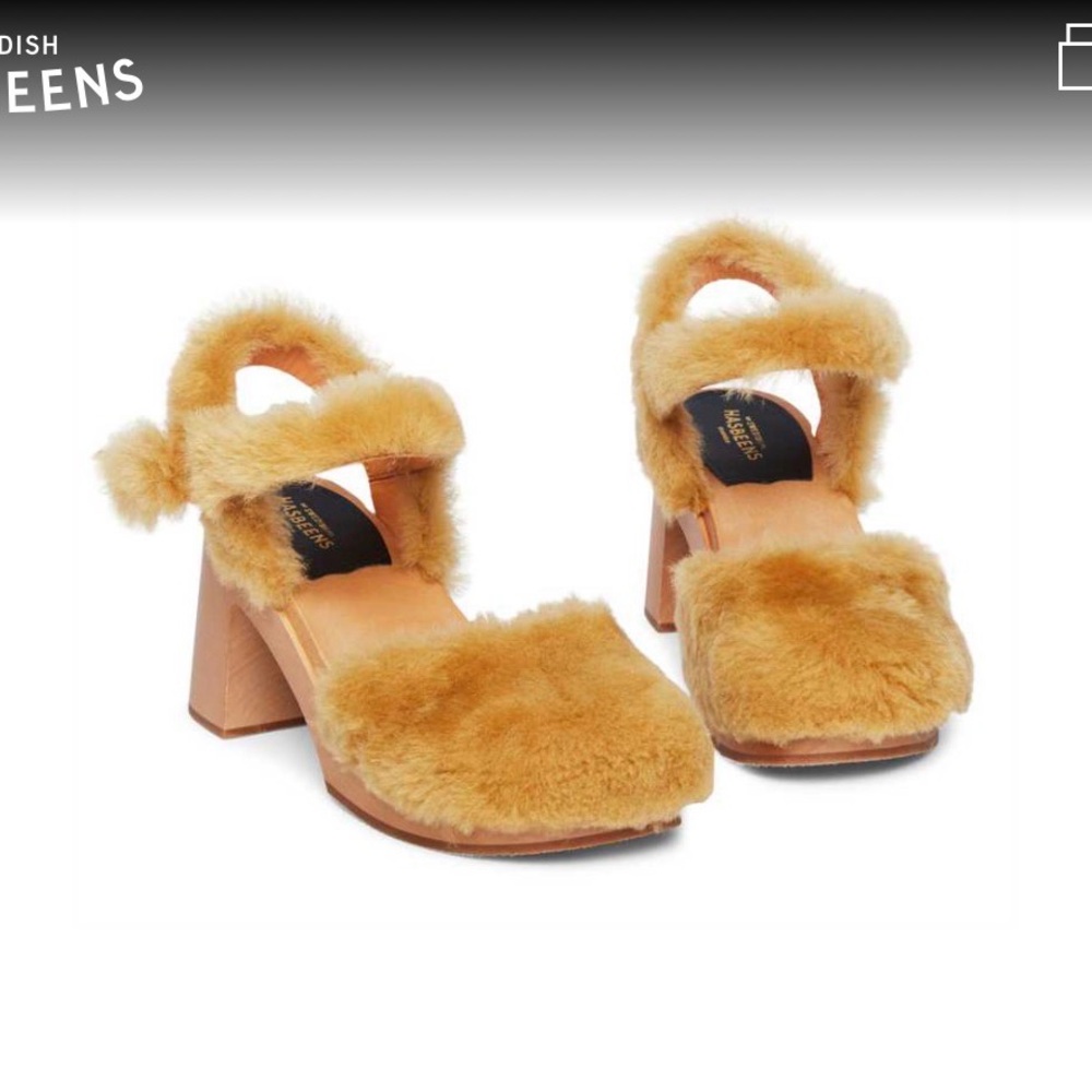 Swedish Hasbeens Furry Tan Heels